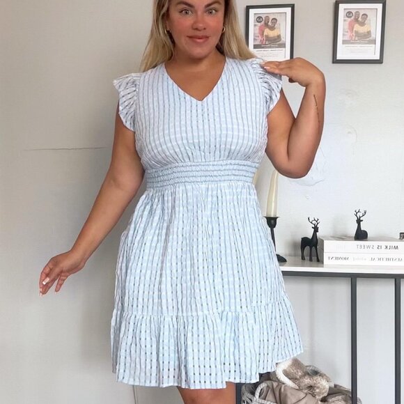 Women's Summer Dress Plus Size Casual V Neck Flare Sleeves A-Line Short Sundress - Picture 3 of 13